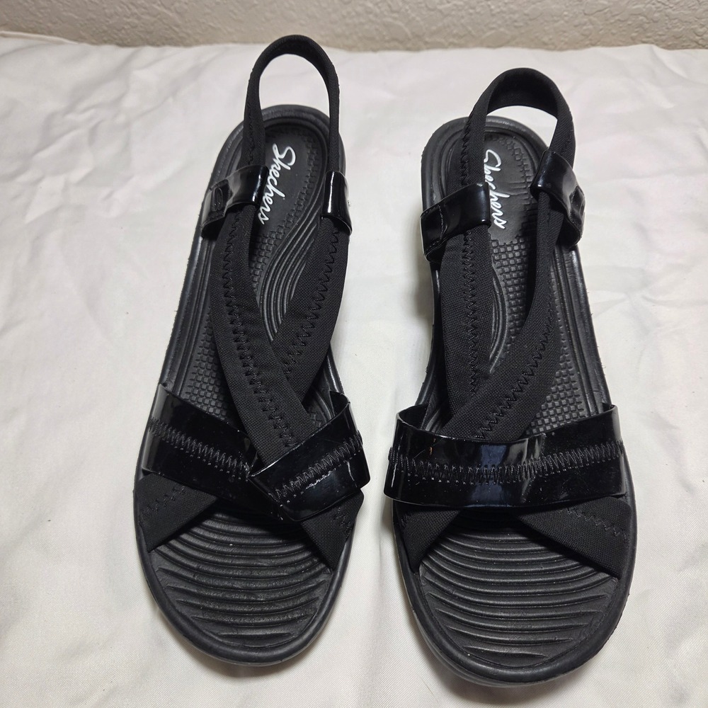 Skechers Womens Black Patent Stretch Strap Wedge Sandals Size 9 S2377